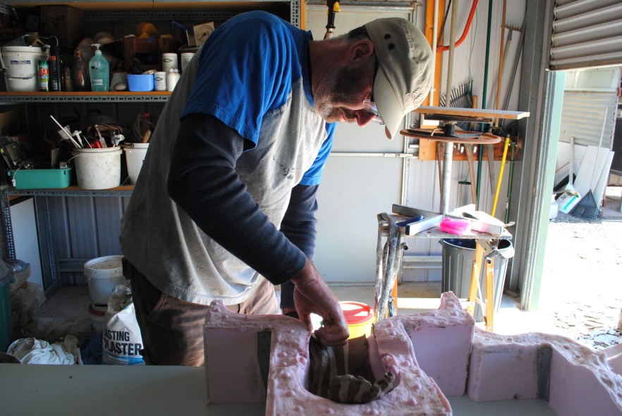Michael using silicon mold for Impermanent Vessels - 'Rebirth' raku head casts, September 2012